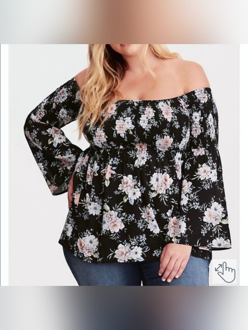 ❤️🆕 Torrid Black Floral Smocked Off Shoulder Peplum Top W/Blush Pink 🩷Flowers